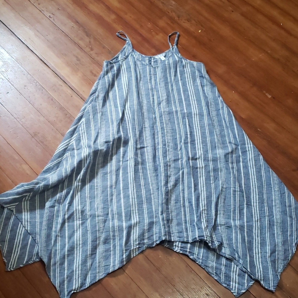 Sleeveless blue and white striped dress